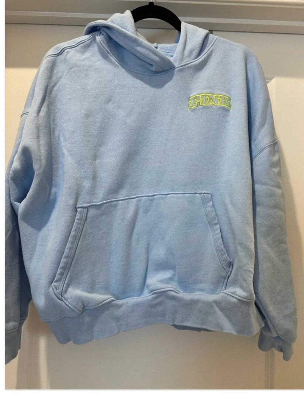 PINK Victoria's Secret Light Blue Campus Hoodie with Neon Yellow Logo